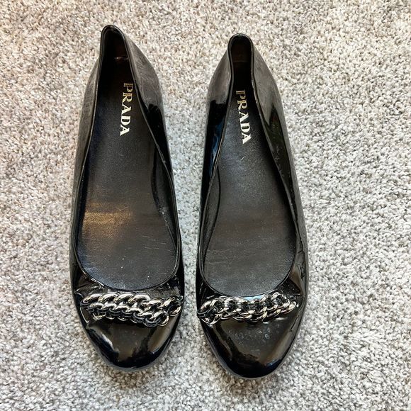 Prada Patent Leather Ballet Flat Silver Hardware Black Women’s Shoe 7.5 - Picture 1 of 7